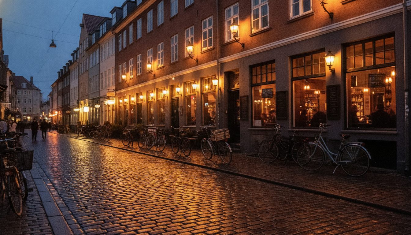 Københavnsk baregade i den blå time med varmt lys fra barvinduerne og cykler på brostenene