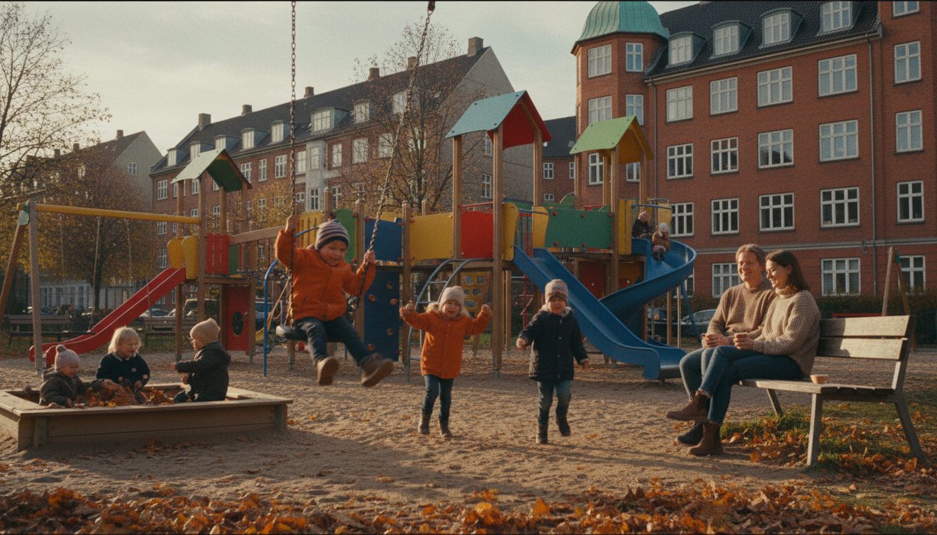 Børn der leger på en farverig legeplads i København i eftermiddagslys