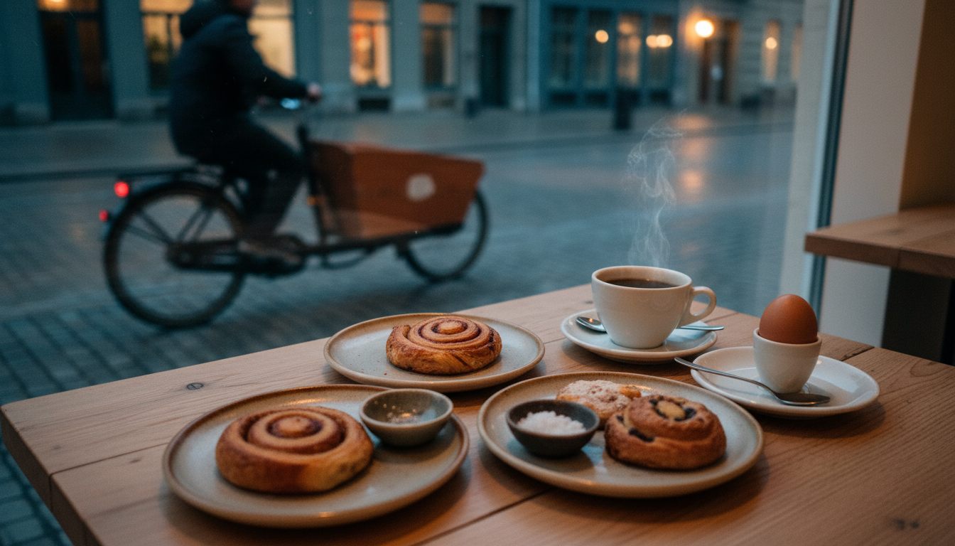 Brunchbord med kaffe og morgenbrød ved vinduet på en københavnsk café