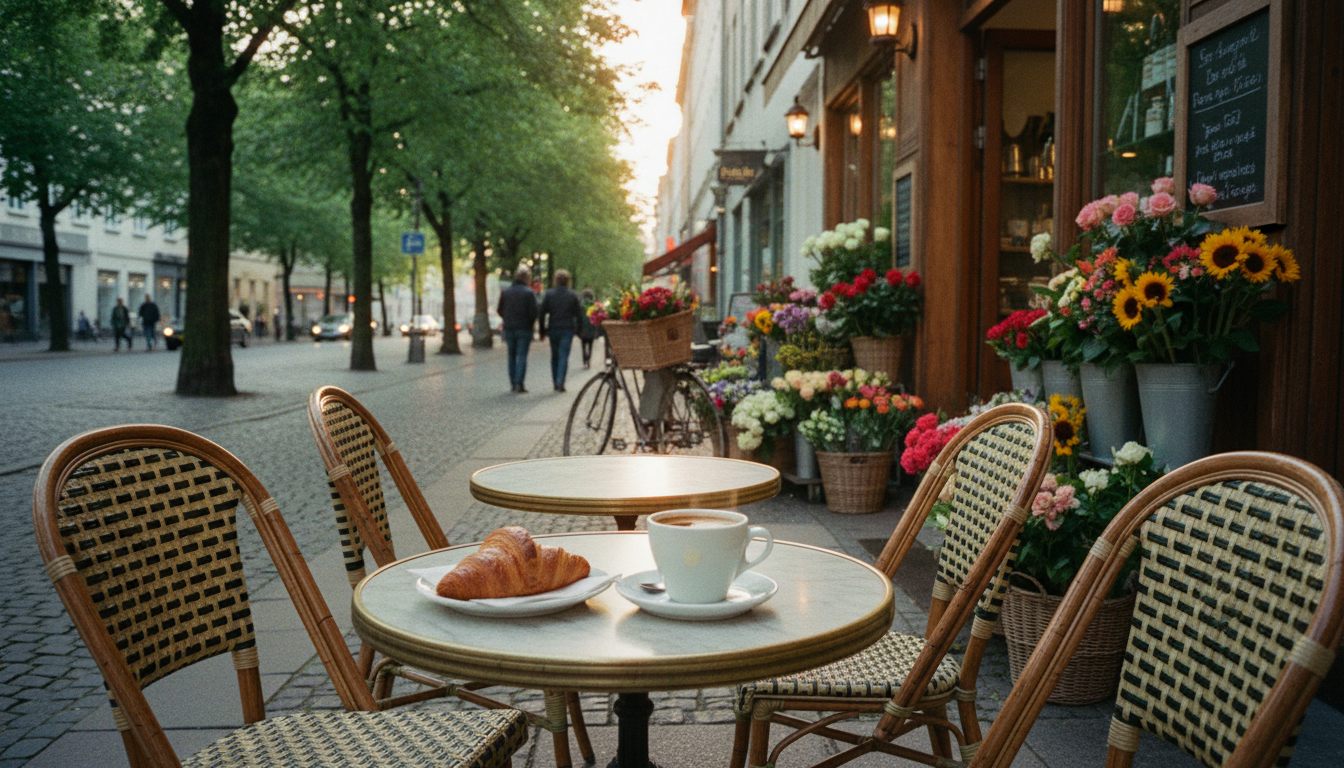 Cafébord med croissant og kaffe på en trærig gade på Frederiksberg