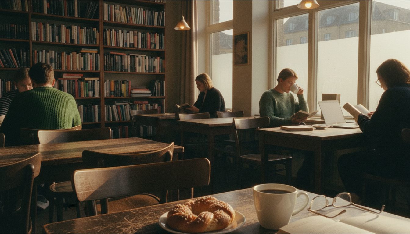 Hyggelig københavnsk café med træborde, bøger og kaffe i eftermiddagslys