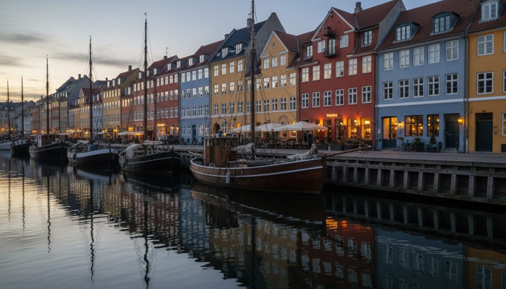 Christianshavns kanal i skumring med træbåde og oplyste caféruder