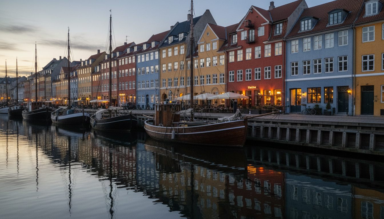 Christianshavns kanal i skumring med træbåde og oplyste caféruder