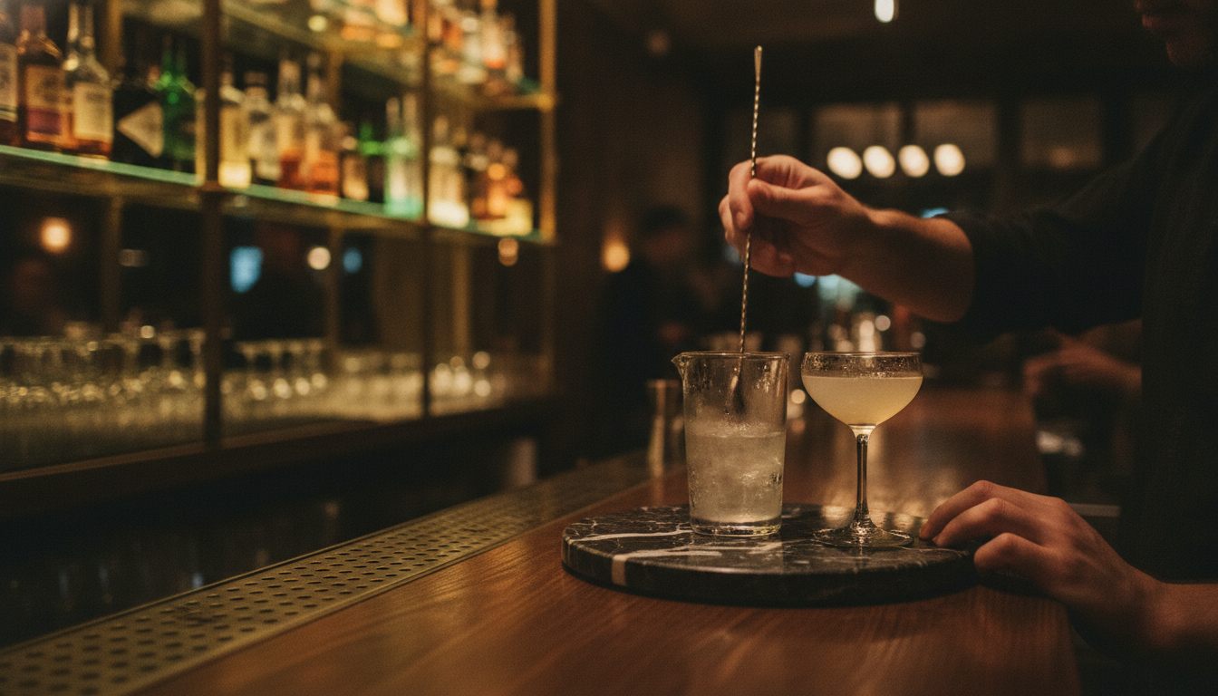 Cocktailbar i København om aftenen med bartender, mixing glass og hylder med spiritus