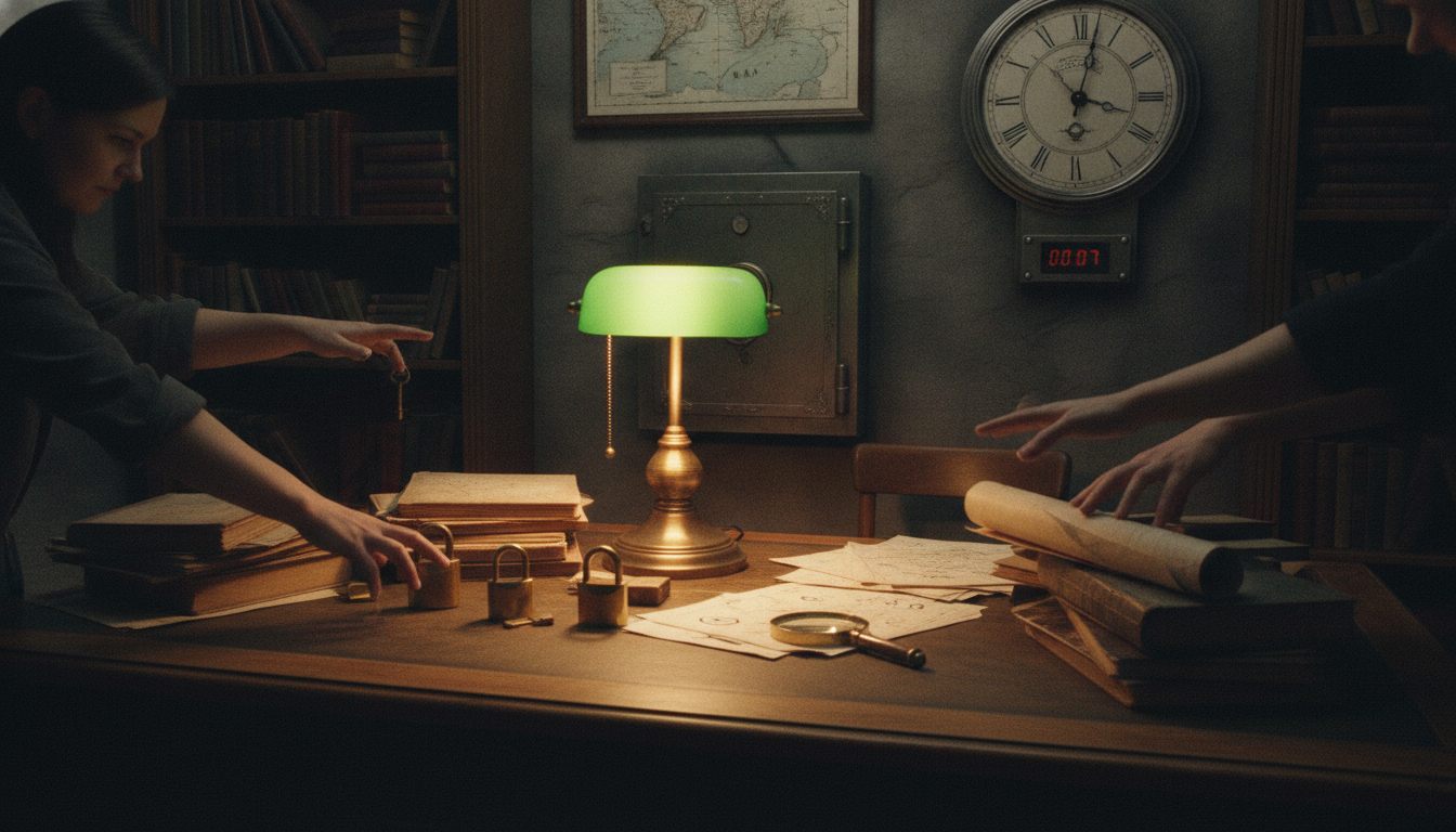 Escape room i København indrettet som gammelt detektivkontor med hængelåse og ur