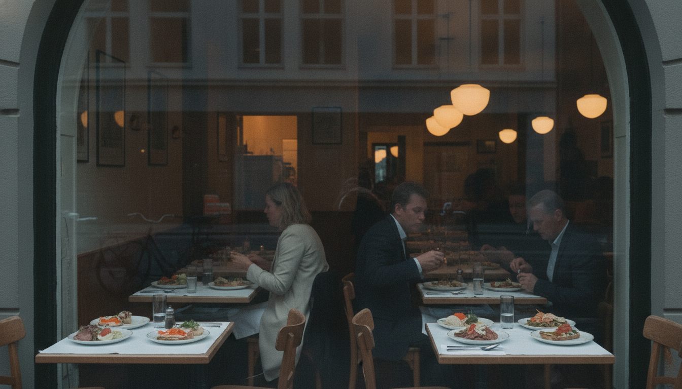 Klassisk københavnsk frokostrestaurant set gennem ruden i den blå time med smørrebrød på hvide duge