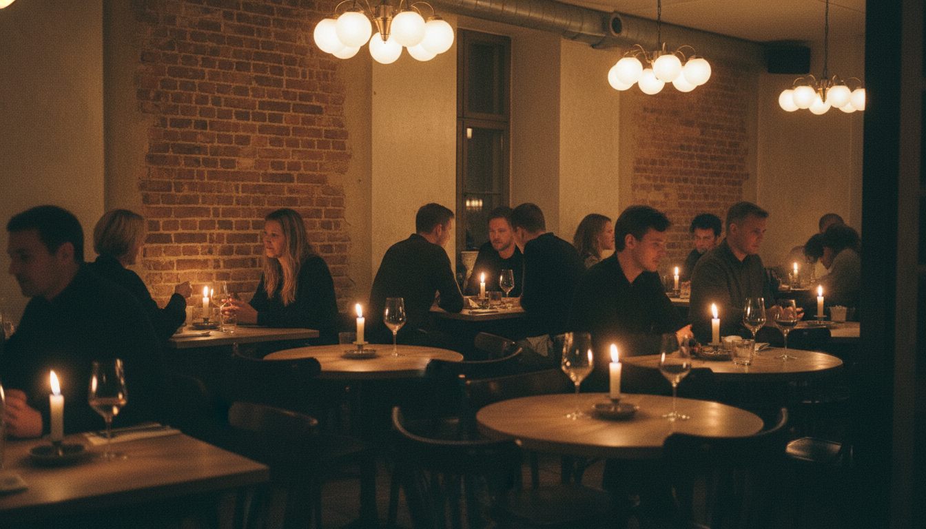 Stemningsfuld restaurant i København med levende lys og små borde