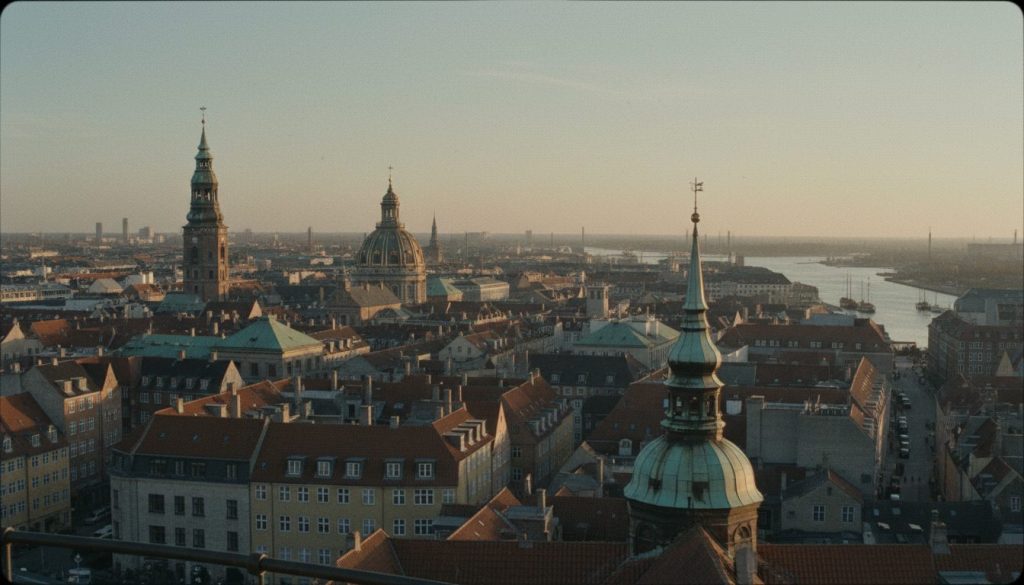 Københavns tage og kobbertårne set fra Rundetaarn i gyldent lys