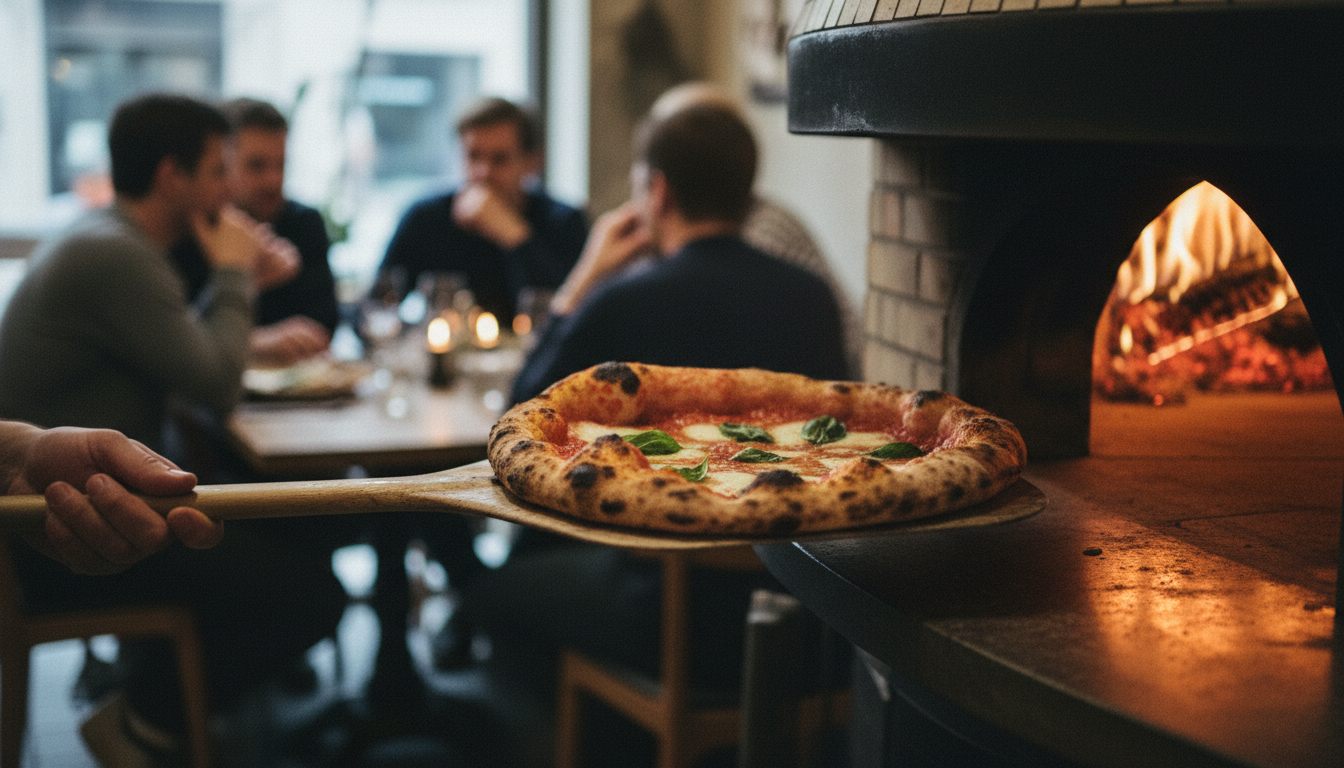Surdejspizza på vej ud af stenovnen i et københavnsk pizzeria