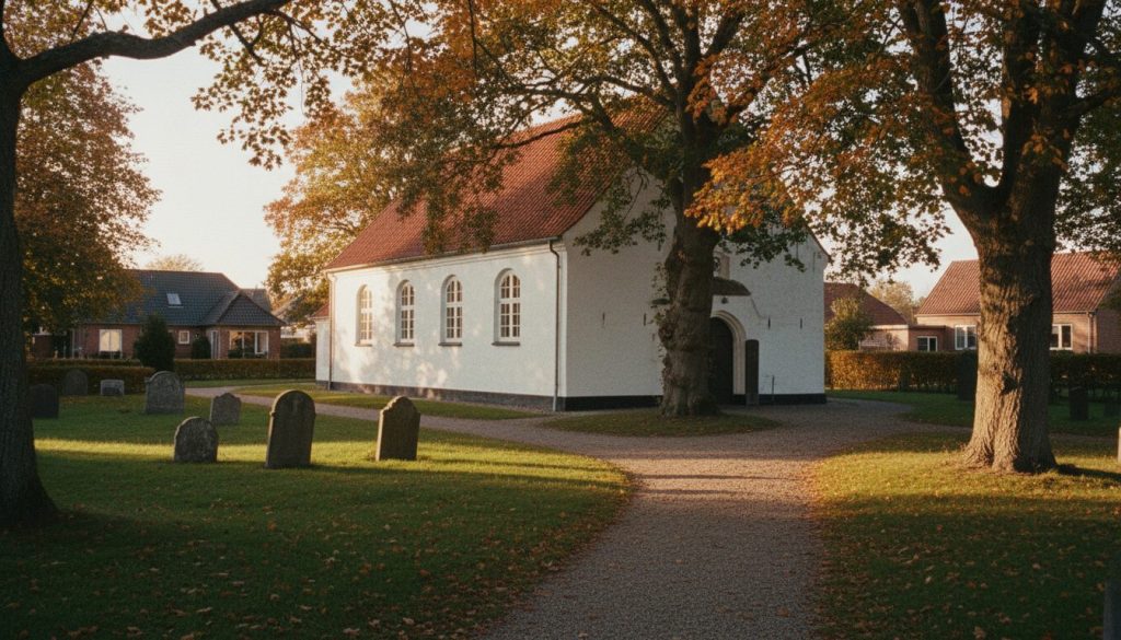 Hvidkalket dansk landsbykirke med røde tegl i lavt efterårslys