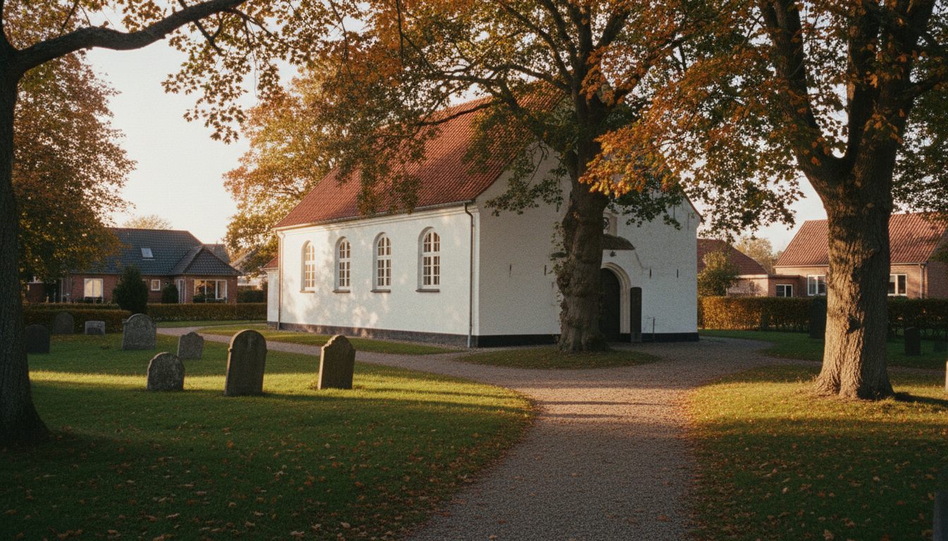 Hvidkalket dansk landsbykirke med røde tegl i lavt efterårslys
