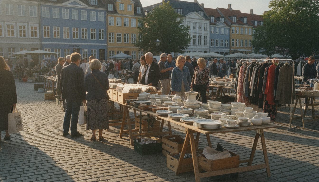 Loppemarked på en københavnsk plads i morgenlys med borde fulde af fund