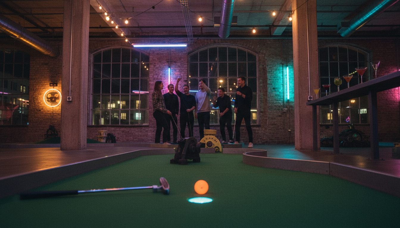 Indendørs minigolfbane i neonlys i København med kølle og bold