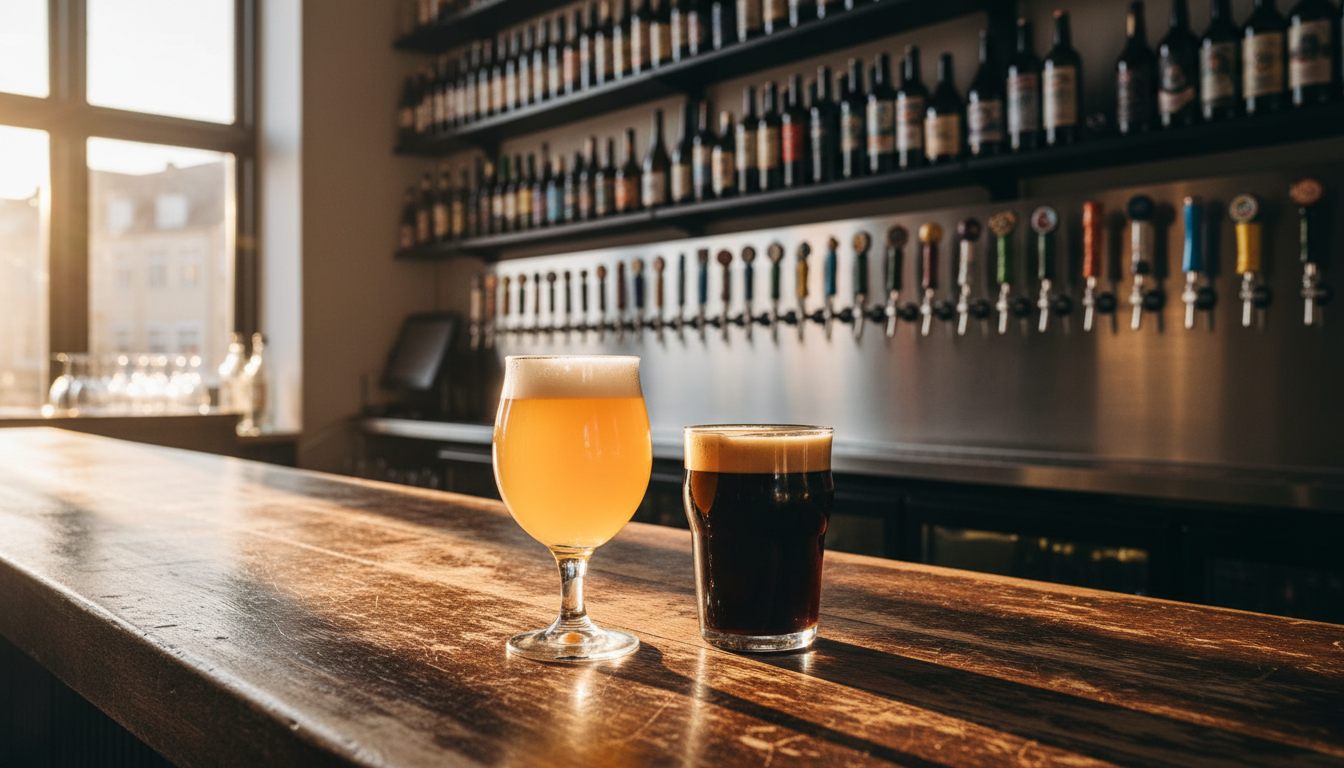 Ølbar i København med række af fadølshaner og to glas specialøl på bardisken