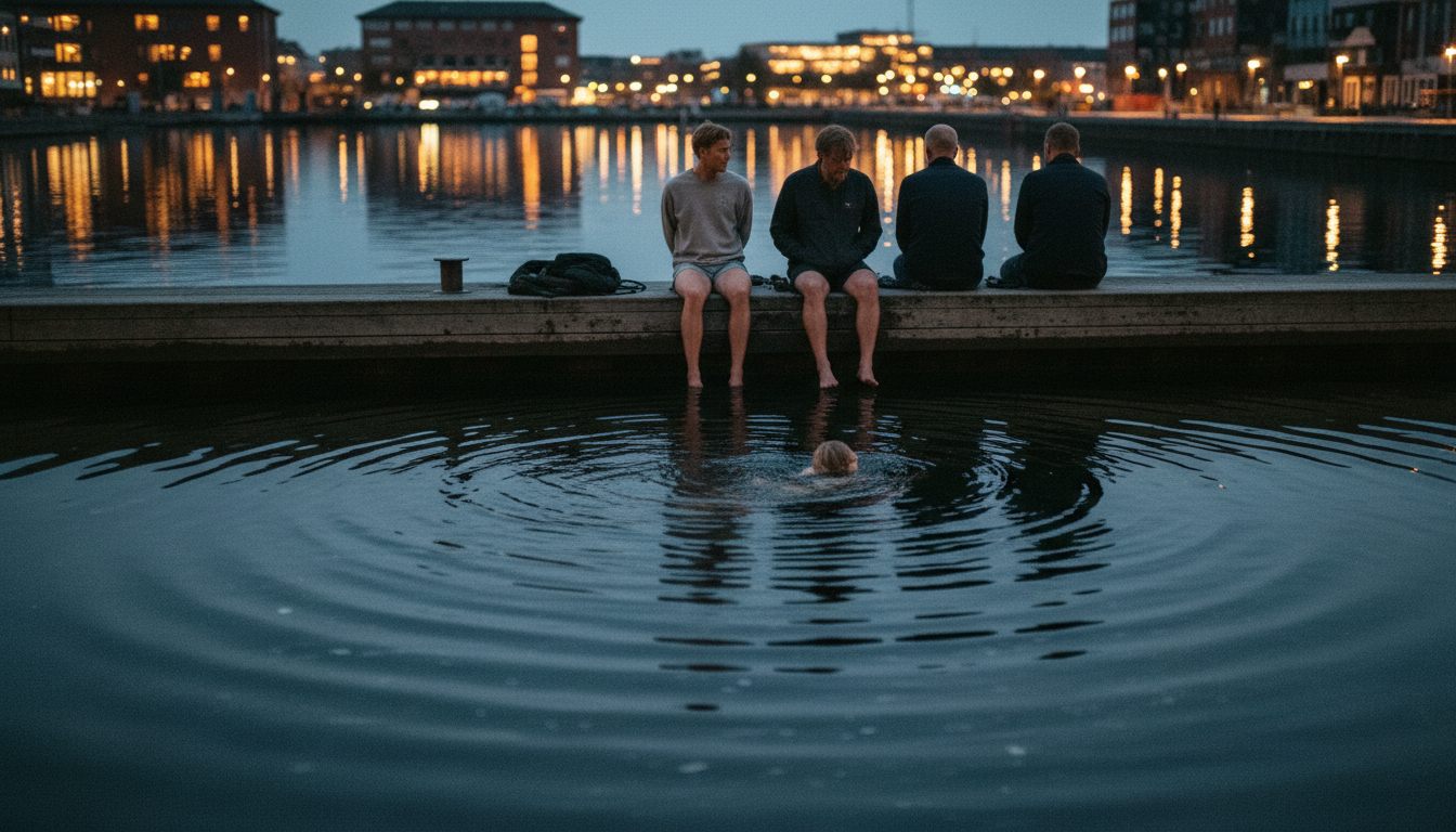 Mennesker ved havnebadet på Islands Brygge i den blå time