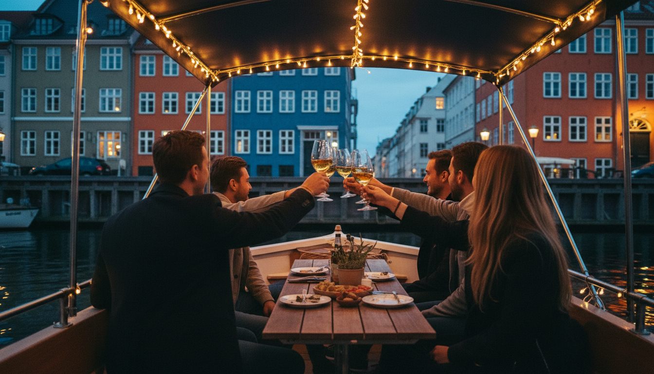 Vennegruppe skåler på en picnicbåd i en københavnsk kanal ved skumringstid