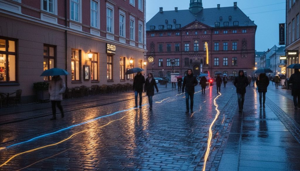 Rådhuspladsen i den blå time med oplyste restaurantvinduer