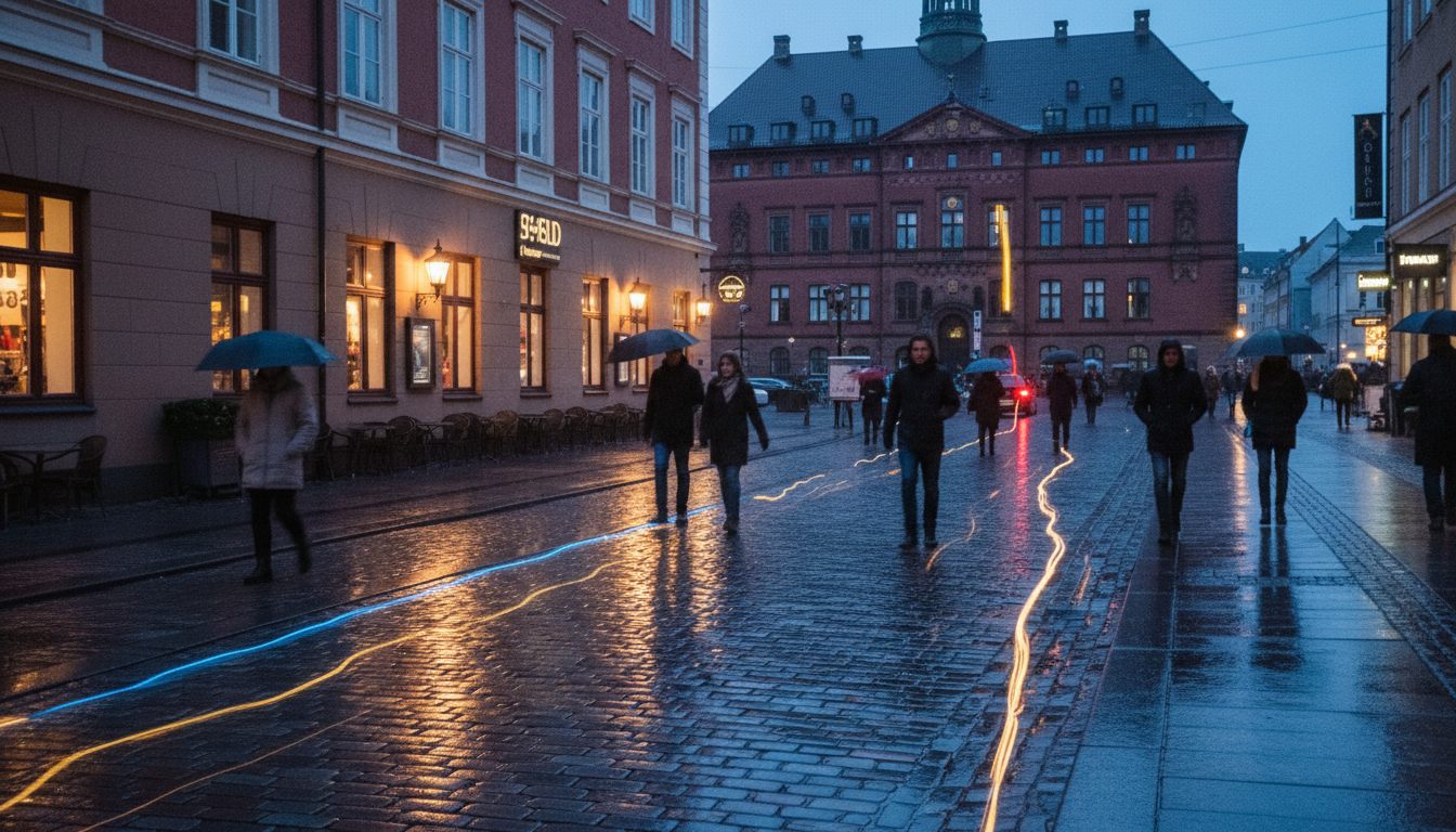 Rådhuspladsen i den blå time med oplyste restaurantvinduer