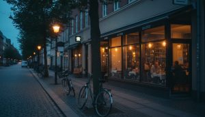 Restaurant på en stille Østerbro-gade i skumring med varmt vinduelys