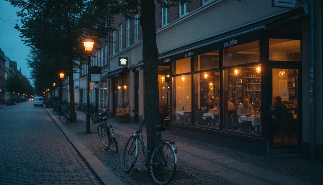 Restaurant på en stille Østerbro-gade i skumring med varmt vinduelys