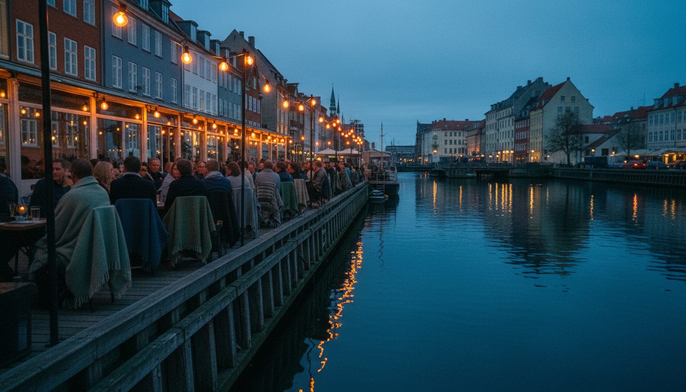 Restaurantterrasse ved havnefronten på Islands Brygge i den blå time