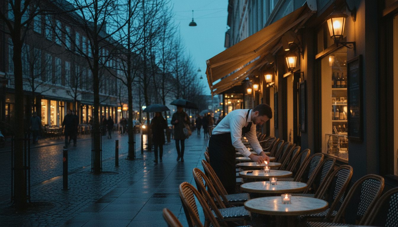 Bistrostole og varme vinduer på en cafégade på Frederiksberg i skumringen