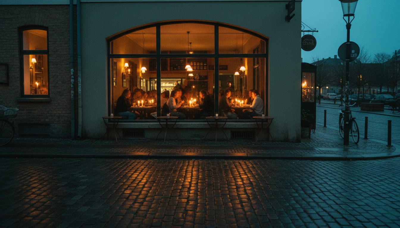 Hyggelig restaurant i København set fra gaden i den blå time