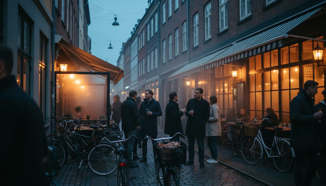 Stemningsfuld aftengade på Nørrebro med restauranter og cykler
