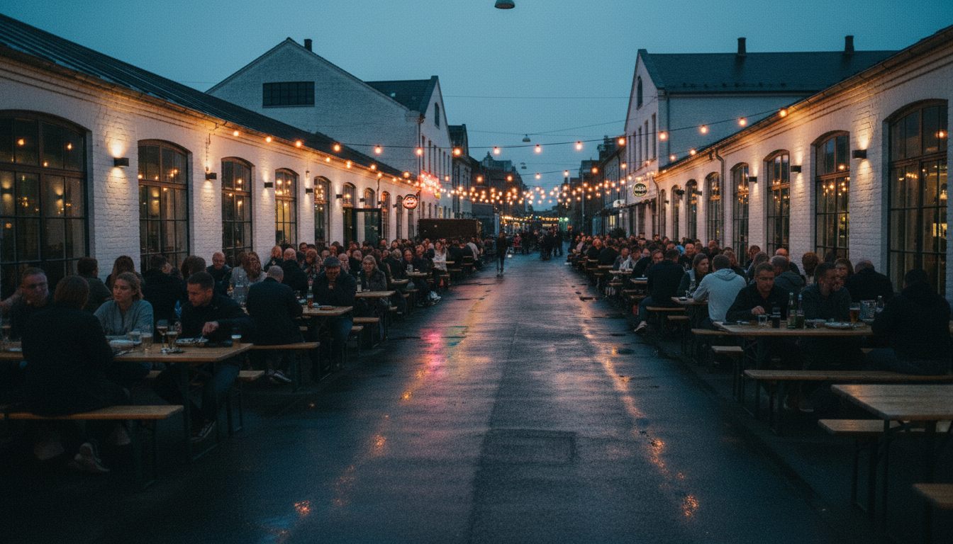 Langborde og lyskæder i Kødbyen på Vesterbro om aftenen