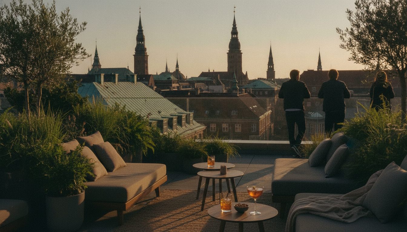 Tagterrasse i København i gyldent aftenlys med udsigt over byens tage