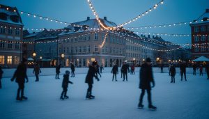 Udendørs skøjtebane i København med lyskæder i vinterskumring