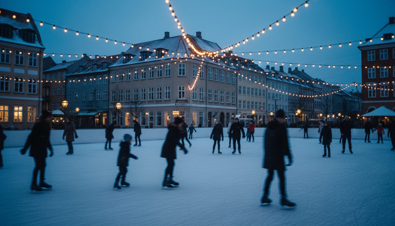Udendørs skøjtebane i København med lyskæder i vinterskumring