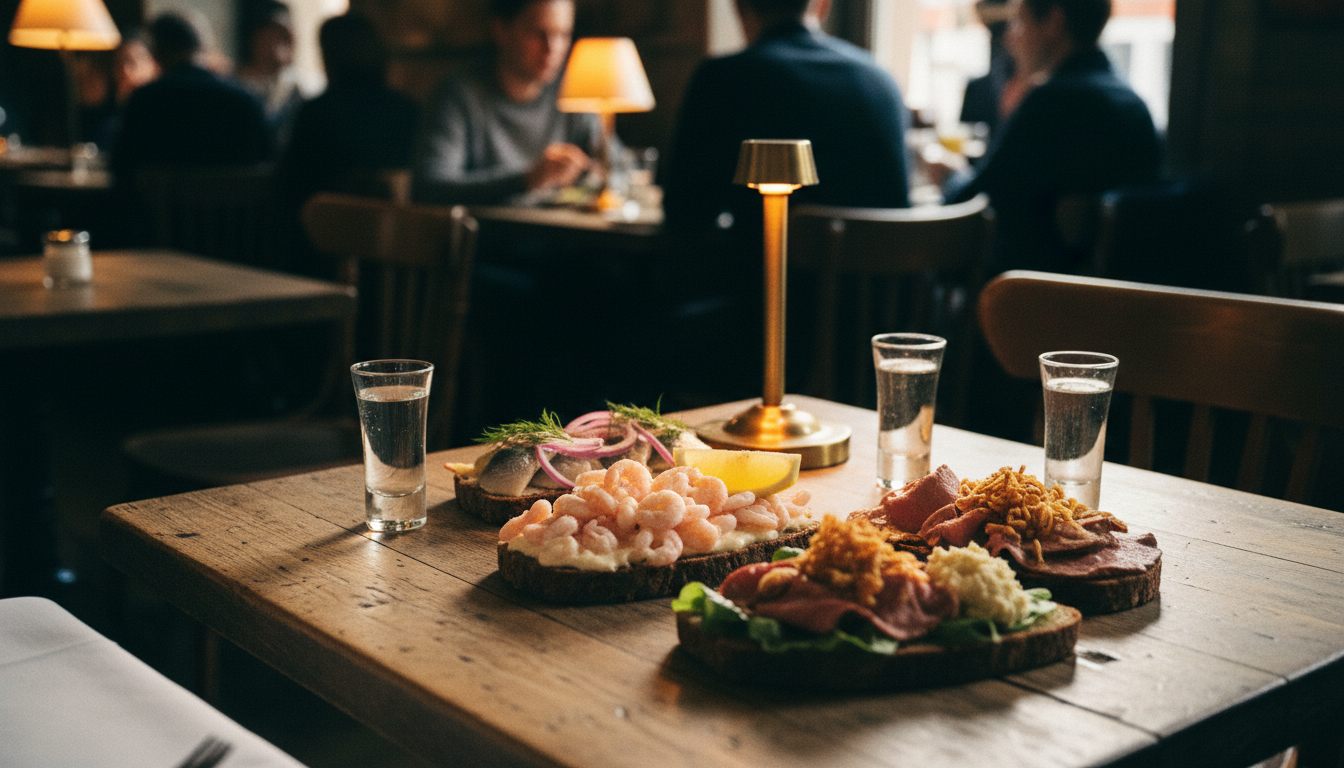 Klassisk dansk smørrebrød med sild og snaps på en frokostrestaurant i København