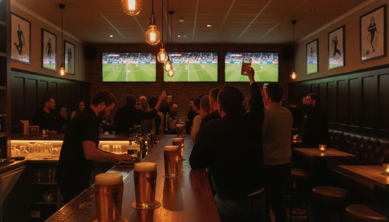 Sportsbar i København om aftenen med storskærme, fadøl og publikum der ser fodbold