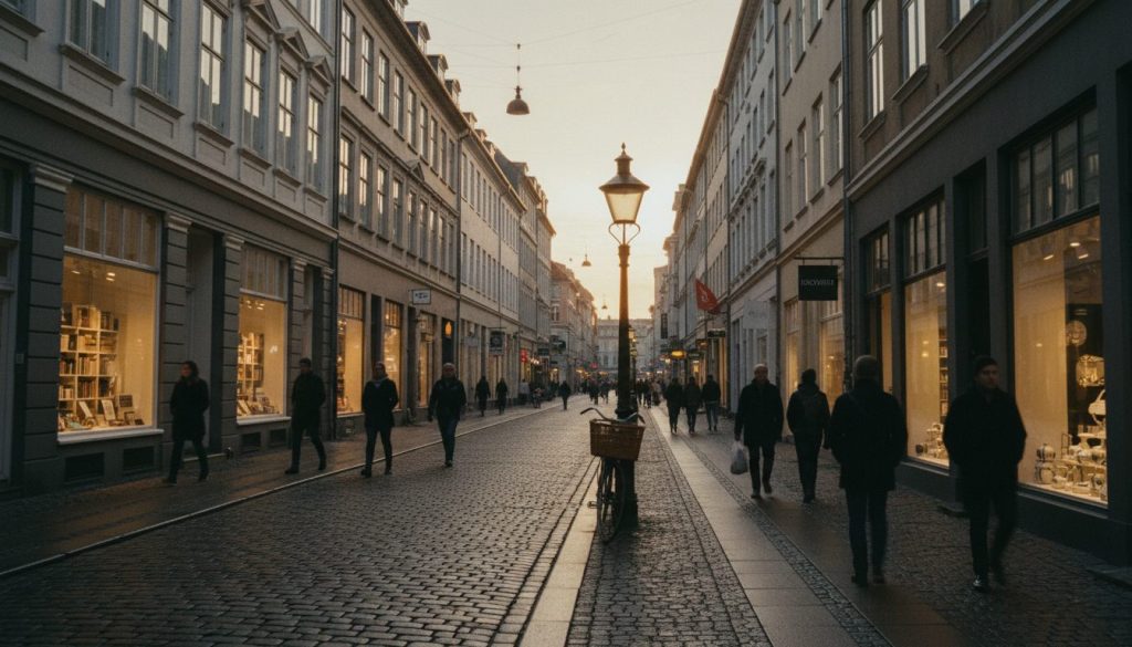Strøget i morgenlys med historiske facader og butiksvinduer