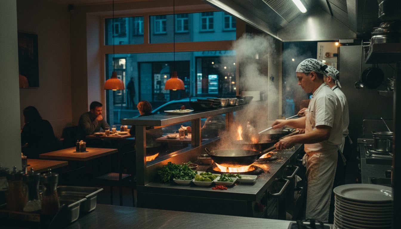 Wok med flammer i et københavnsk thaikøkken om aftenen
