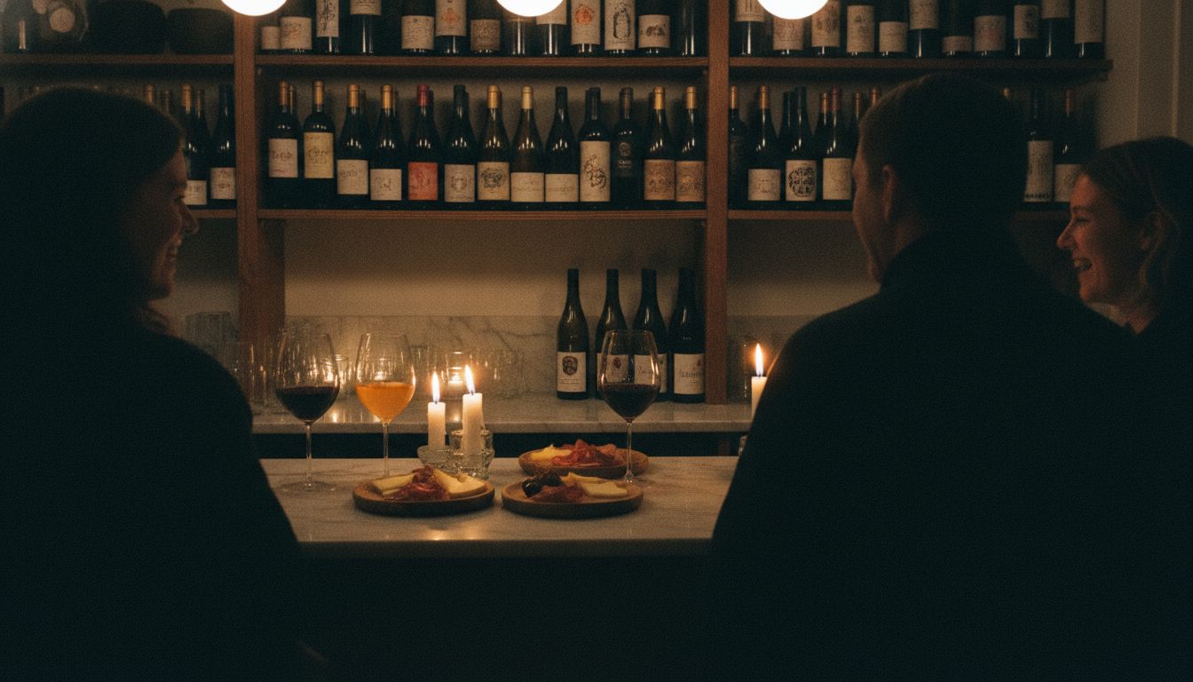 Vinbar i København om aftenen med naturvinsflasker, glas og småretter