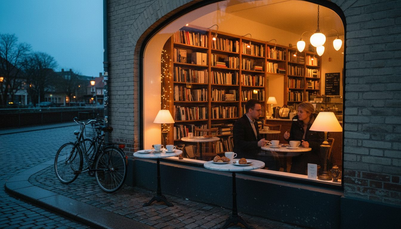 Hyggelig københavnsk café set gennem ruden i den blå time med bogreoler, marmorborde og varmt lampelys