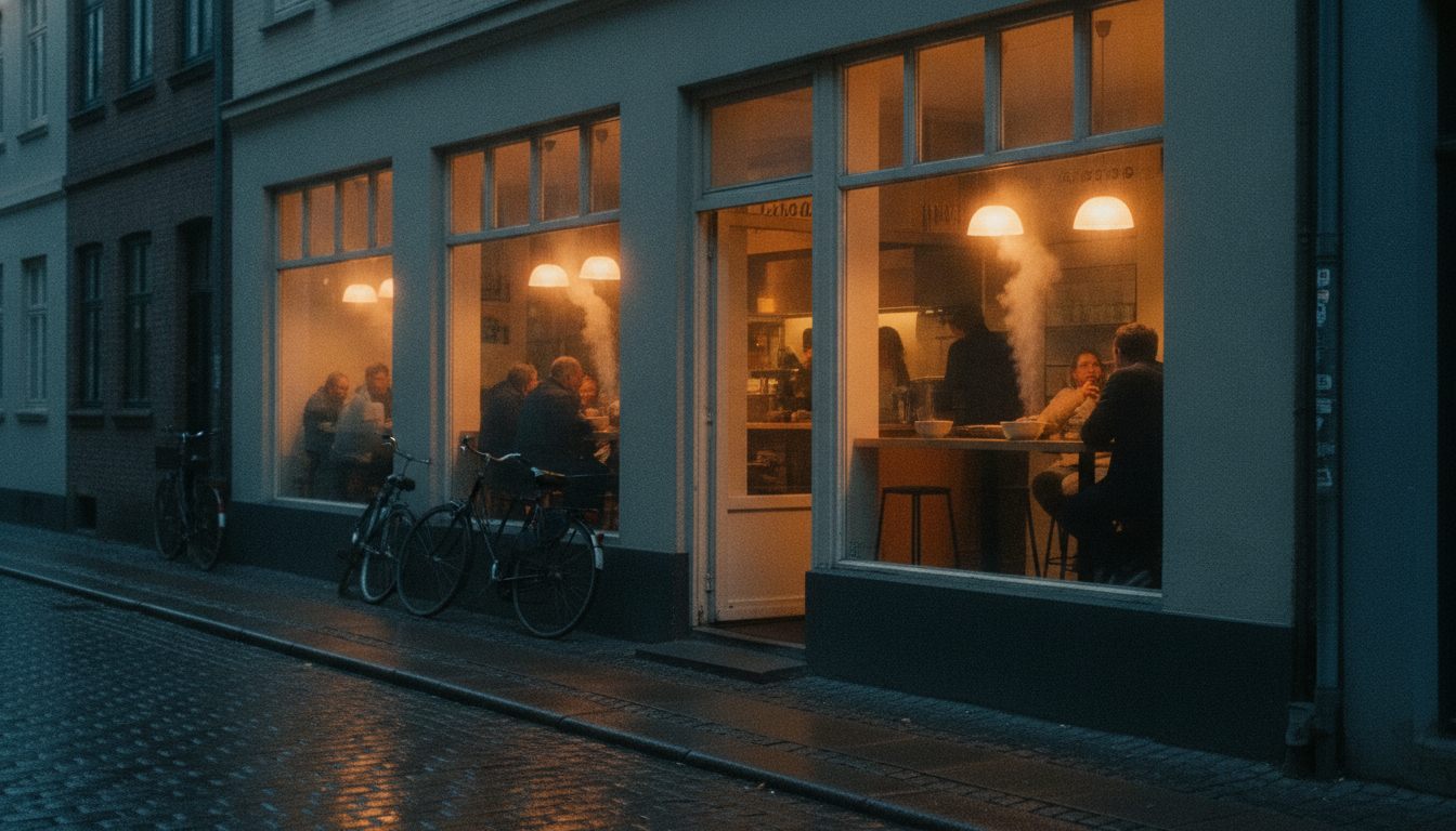 Asiatisk restaurant i en københavnsk gade i den blå time med damp fra nudelskåle, varmt lys i vinduerne og cykler på fortovet