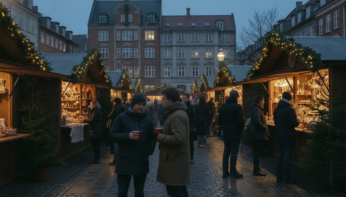 Julemarked i København i skumringen med træboder, lyskæder og gløgg foran historiske facader