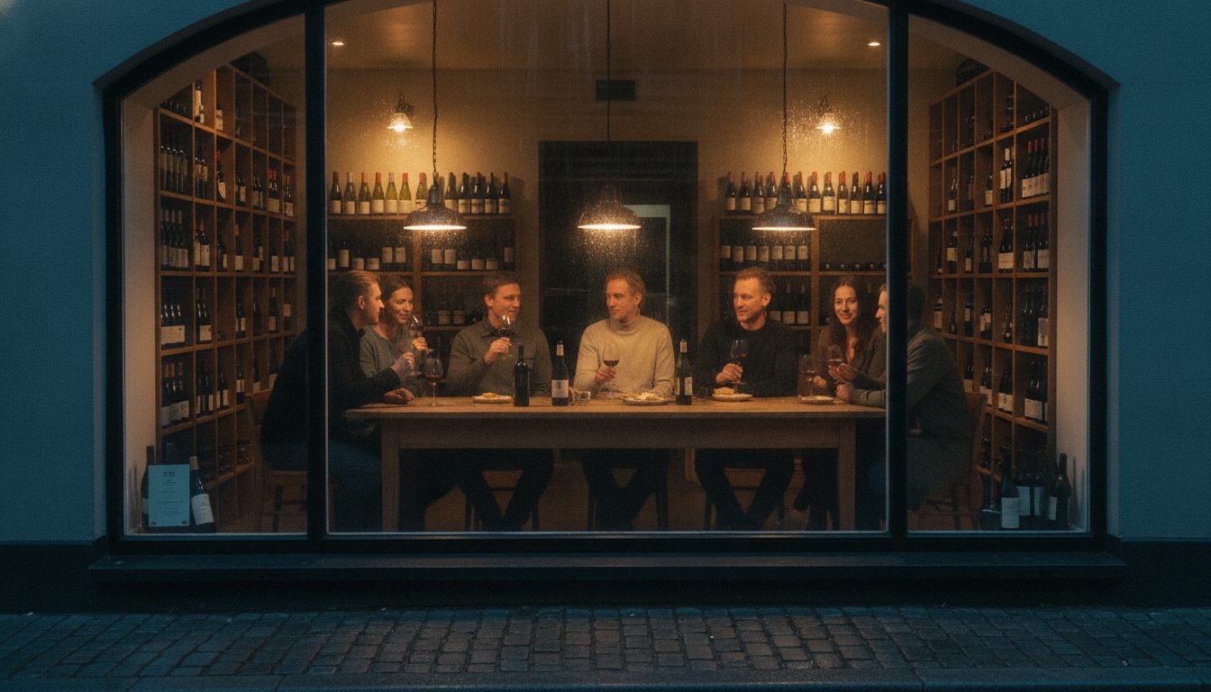 Vennegruppe ved et langbord til vinsmagning i en københavnsk vinhandel, set gennem butiksvinduet i den blå time